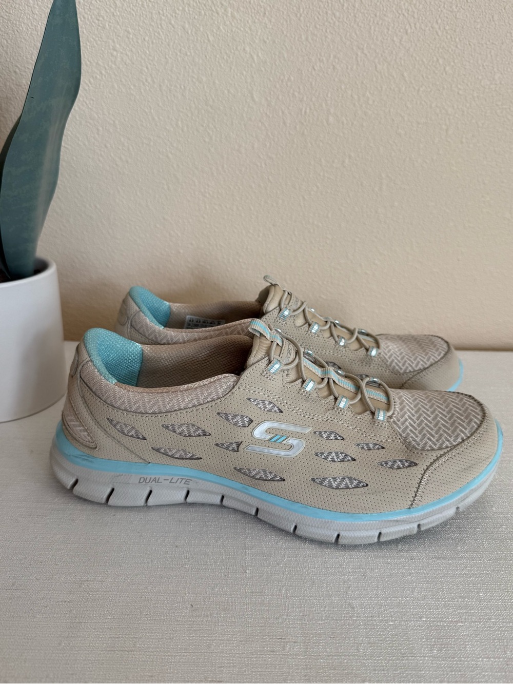 Skechers Beige and Light Blue Slip-On Athletic Sneakers